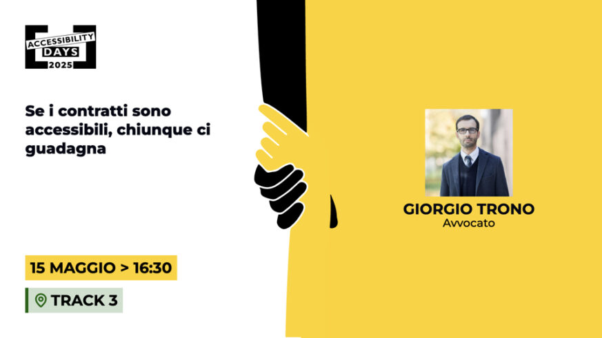 Locandina della conferenza “Se i contratti sono accessibili, chiunque ci guadagna”, con data 15 maggio alle 16:30 e foto del relatore avvocato in giacca e cravatta.