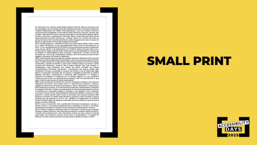 Slide gialla con grande blocco di testo contrattuale al centro su sfondo bianco e cornice nera, accompagnato dalla scritta “SMALL PRINT” a destra.