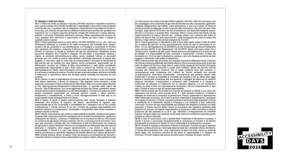 Slide con due pagine affiancate piene di testo contrattuale molto fitto e giustificato, che rappresentano un esempio di “muro di testo” poco accessibile.