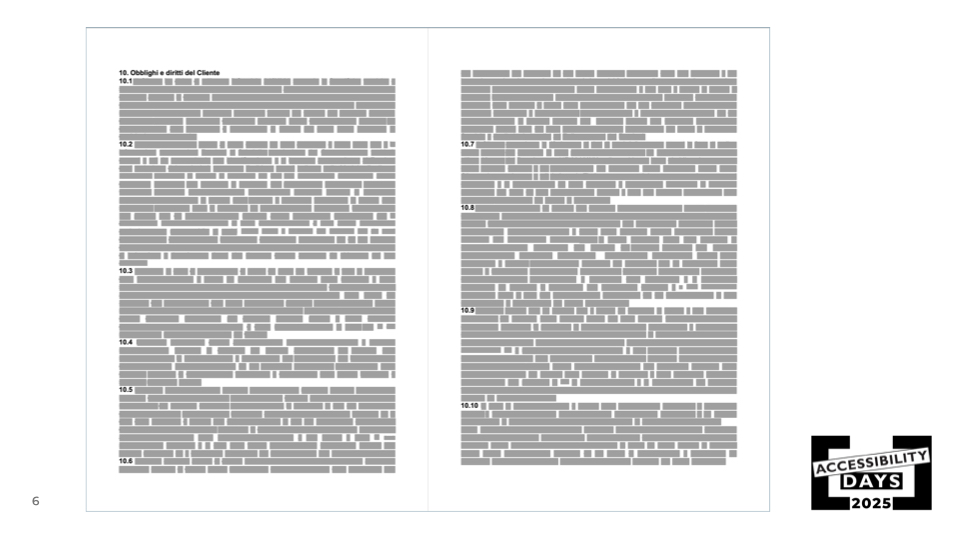 Due pagine di contratto fitte di testo giustificato in caratteri piccoli, con poche interruzioni di paragrafo, che mostrano un esempio di documento difficile da leggere.