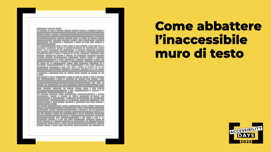 Slide gialla con a sinistra una pagina piena di blocchi di testo grigi che formano un “muro di testo” e a destra il titolo grande “Come abbattere l’inaccessibile muro di testo”.