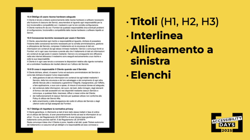 Slide gialla con pagina di contratto a sinistra e, a destra, elenco puntato di buone pratiche per la leggibilità del testo: uso di titoli H1, H2, H3, interlinea adeguata, allineamento a sinistra ed elenchi puntati.
