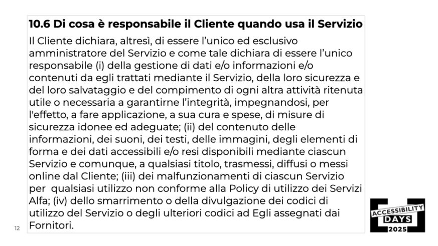 Slide che ingrandisce una clausola numerata 10.6 del contratto, con titolo in grassetto “Di cosa è responsabile il Cliente quando usa il Servizio” e lungo paragrafo descrittivo sottostante.