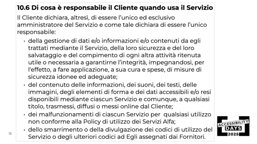 Slide che mostra la stessa clausola 10.6 del contratto ma riscritta con elenco puntato di responsabilità del cliente, ciascun punto introdotto da un bullet, su sfondo bianco.