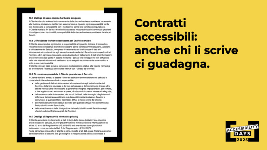 Slide gialla con grande titolo a destra “Contratti accessibili: anche chi li scrive ci guadagna.” e, a sinistra, pagina di contratto strutturata con paragrafi.
